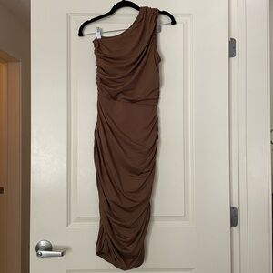 Brown Ruched One-Shoulder Dress (Size S)